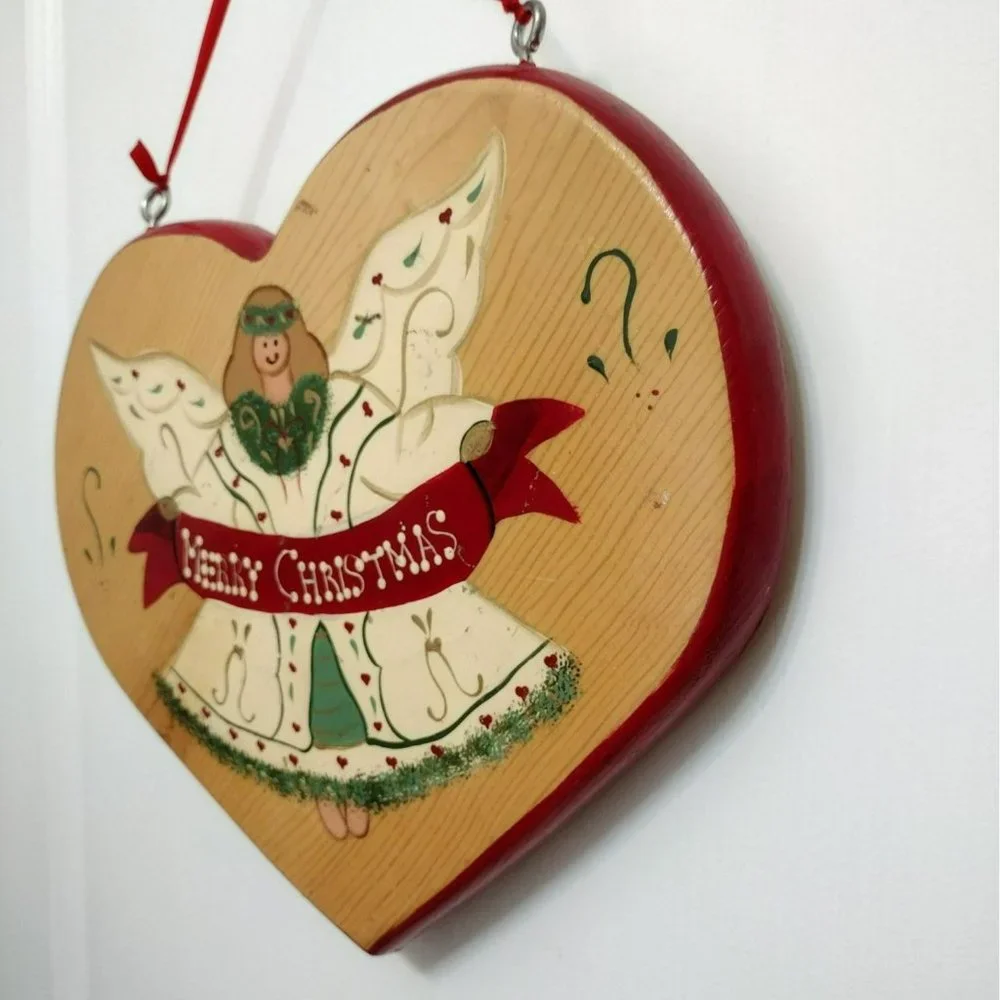 Vintage Christmas Heart-Shape Wood Sign Holiday Angel Hand Painted Mexico 1995